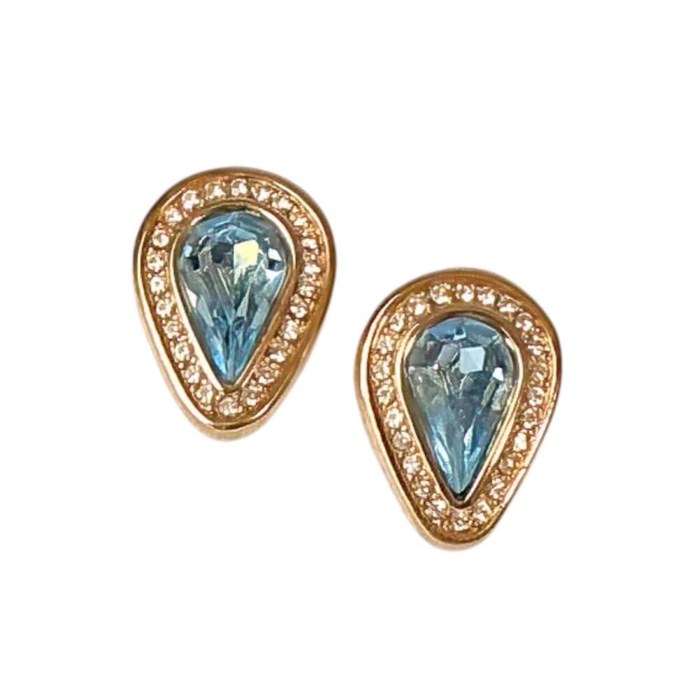 Gold Plated Light Blue White Rhinestones Vintage Signed SAL Halo Stud Earrings